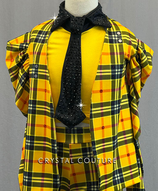 Black & Yellow Plaid Stretch Suit with Neck Tie - Rhinestones