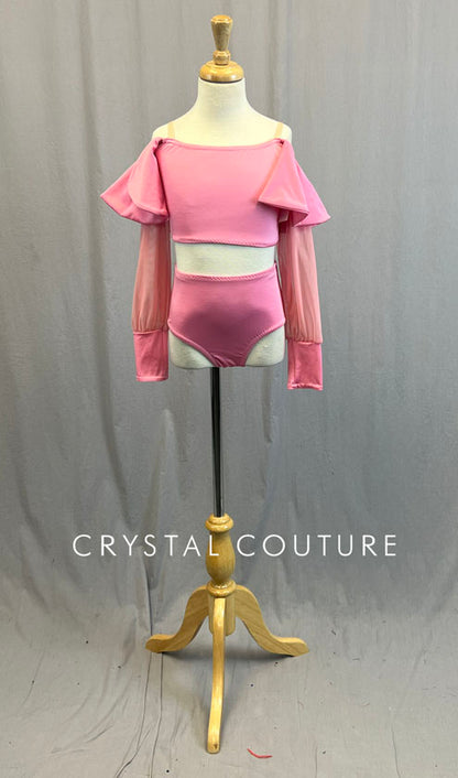 Custom Light Pink Two Piece with Mesh Sleeves and Back Ruffle