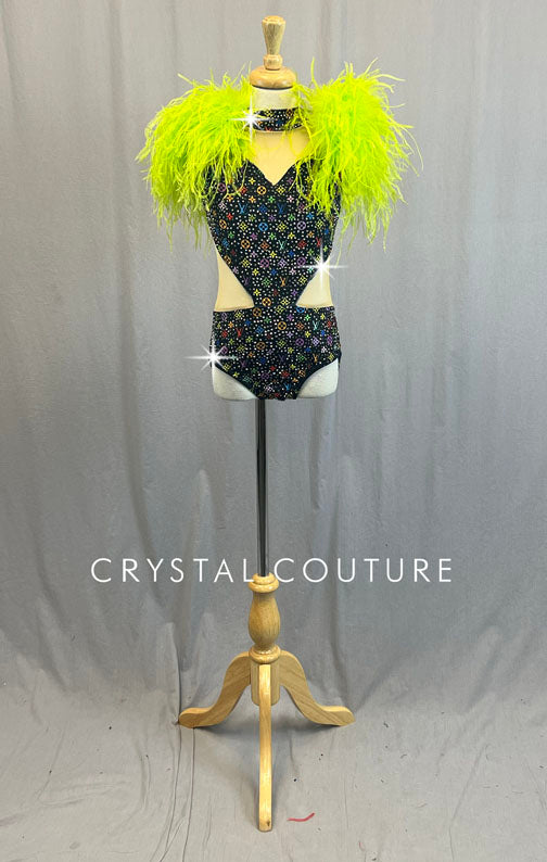 Custom Black Louis Vuitton Leotard with Mesh Cutouts and Green Feathered Shoulders - Rhinestones