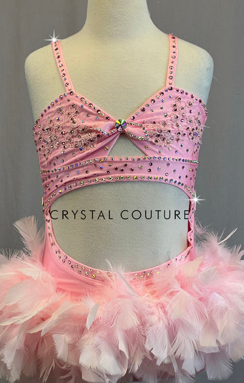 Custom Light Pink Leotard with Cutouts and Feather Skirt - Rhinestones