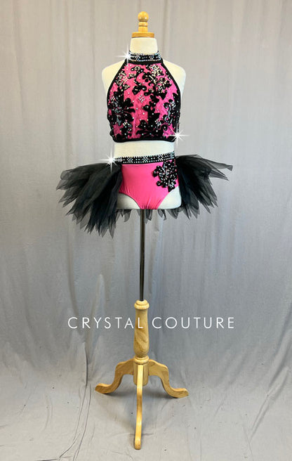 Hot Pink & Black Lace Two PIece with Tulle Half Tutu - Rhinestones