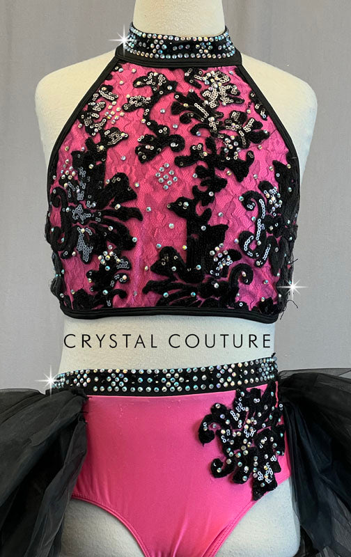 Hot Pink & Black Lace Two PIece with Tulle Half Tutu - Rhinestones