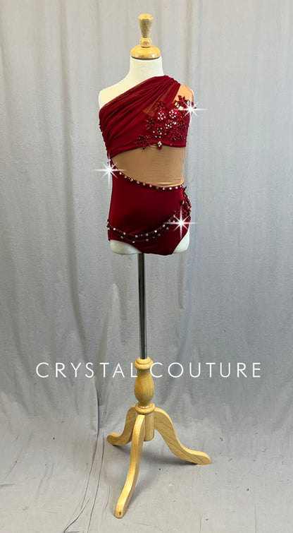 Custom Burgundy Leotard with Draped Neckline and Appliques - Rhinestones