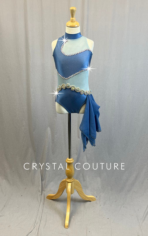 Custom Slate Blue Asymmetrical Leotard with Blue Mesh Cutouts and Side Bustle - Rhinestones