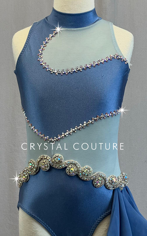 Custom Slate Blue Asymmetrical Leotard with Blue Mesh Cutouts and Side Bustle - Rhinestones