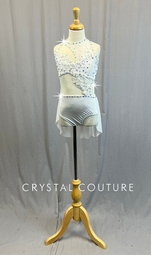 Custom White Connected Two PIece with Back Skirt and Asymmetrical Mesh - Rhinestones