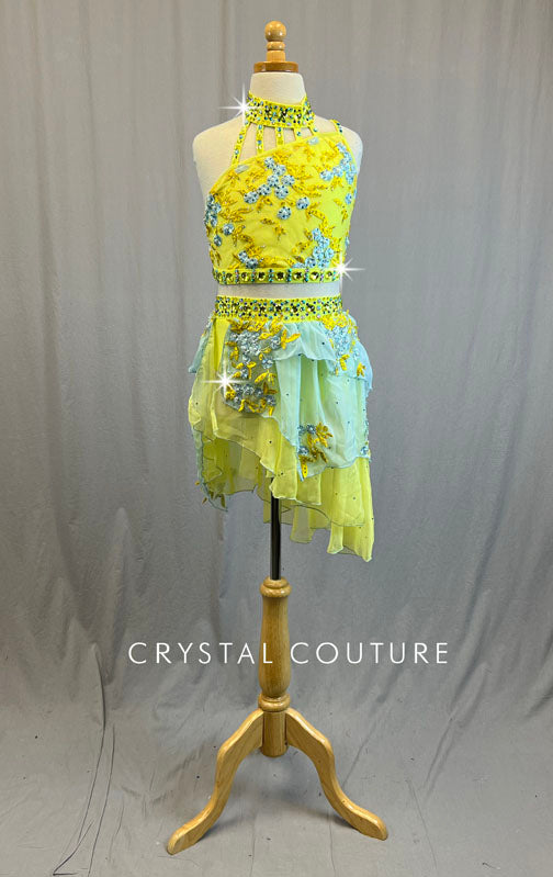 Yellow & Sky Blue Two Piece with Layered Asymmetrical Skirt - Rhinestones