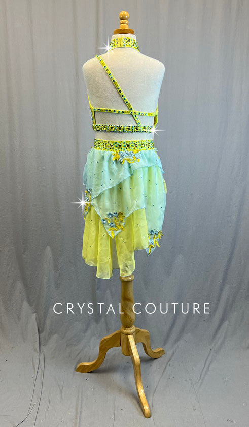 Yellow & Sky Blue Two Piece with Layered Asymmetrical Skirt - Rhinestones