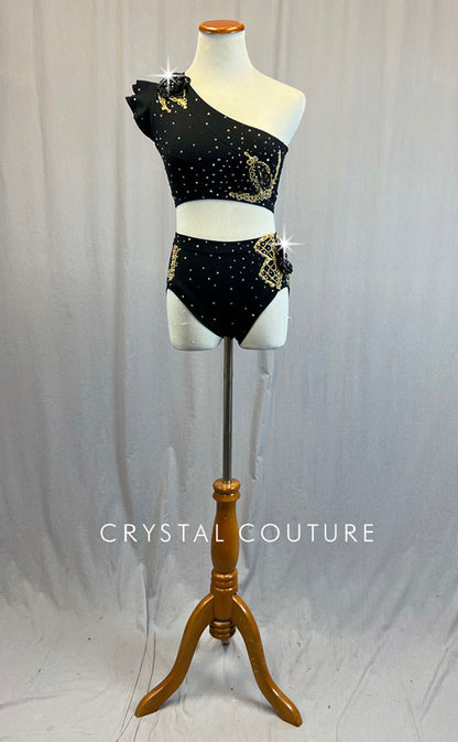 Black One Shoulder Top and Trunks with Gold Appliques - Rhinestones