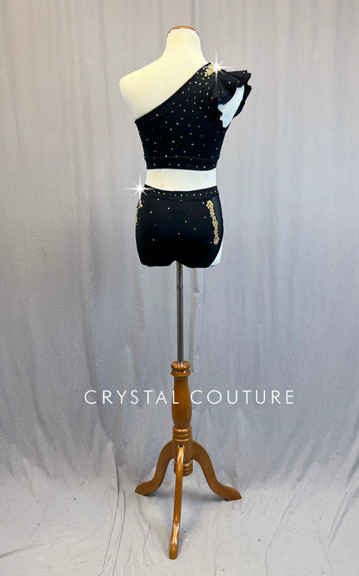 Black One Shoulder Top and Trunks with Gold Appliques - Rhinestones