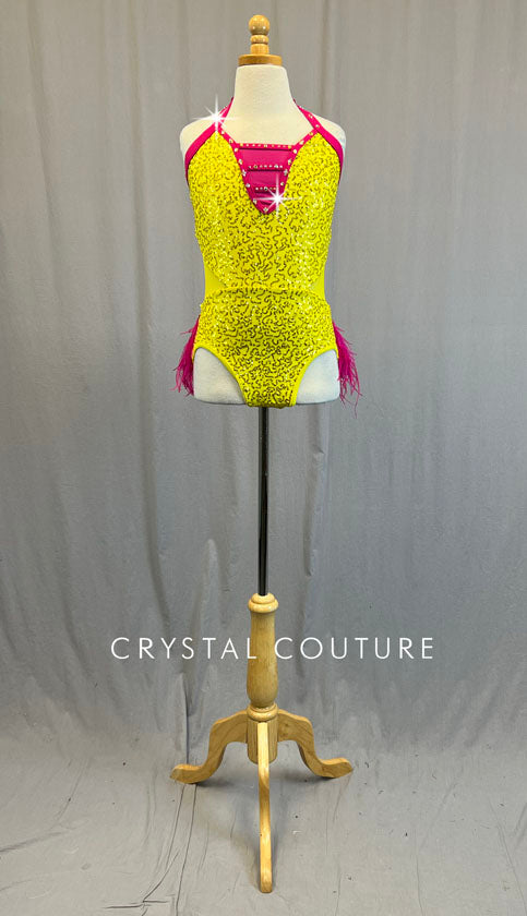 Yellow Zsa Zsa Leotard with Hot Pink Detailing and Ostrich Feathers - Rhinestones