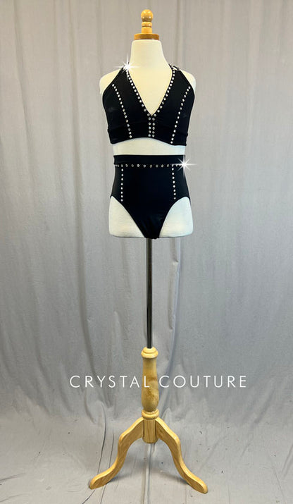 Black Strappy Back Top and High Waisted Trunks - Rhinestones