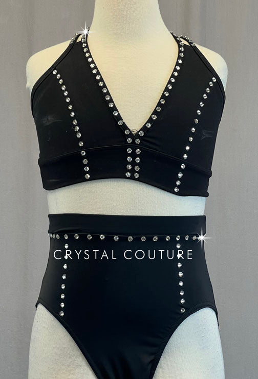 Black Strappy Back Top and High Waisted Trunks - Rhinestones
