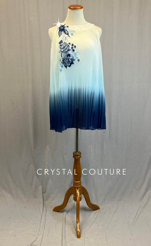 Blue Ombre Pleated Shift Dress with Appliques - Rhinestones