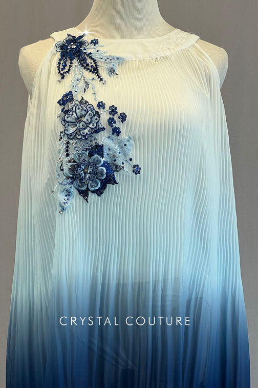 Blue Ombre Pleated Shift Dress with Appliques - Rhinestones