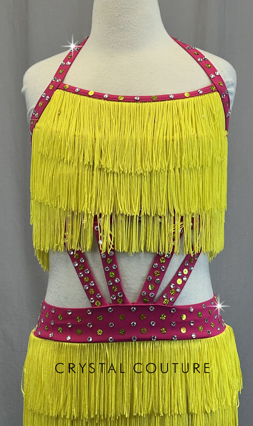 Bright Yellow Fringe Two Piece with Hot Pink Connecting Details - Rhinestones