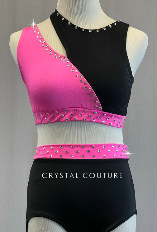 Black & Hot Pink Asymmetrical Top and Trunks - Rhinestones