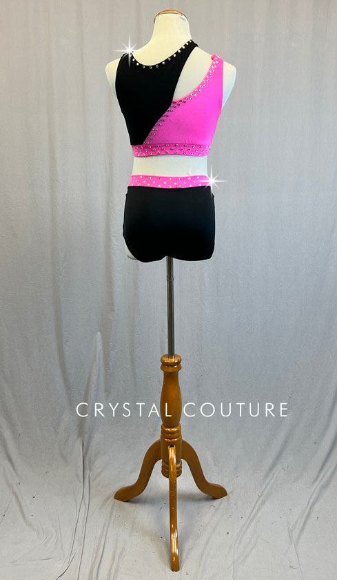 Black & Hot Pink Asymmetrical Top and Trunks - Rhinestones