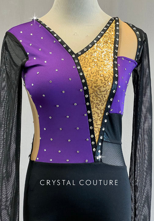 Purple & Black Mesh Long Sleeve Leotard with Gold Zsa Zsa - Rhinestones