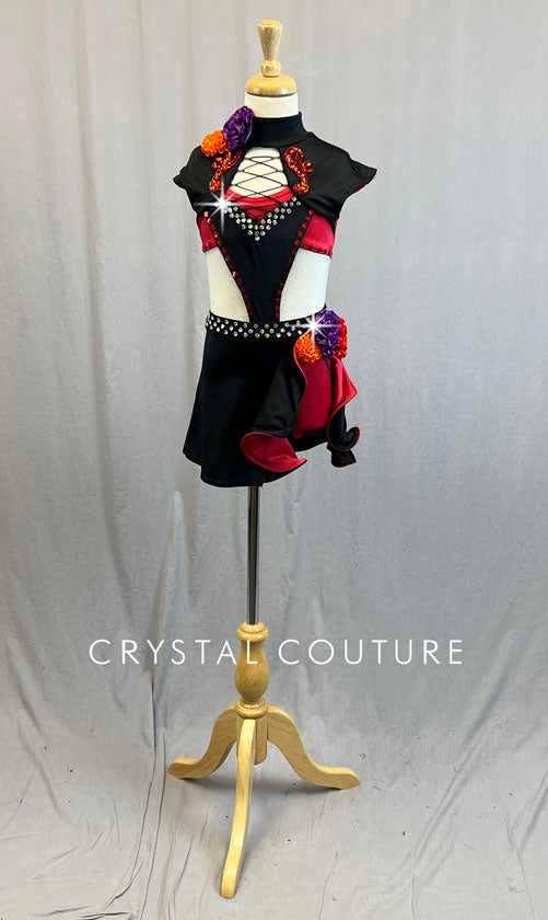Black & Red Connected Bolero Top and Ruffle Skirt with Flowers - Rhinestones