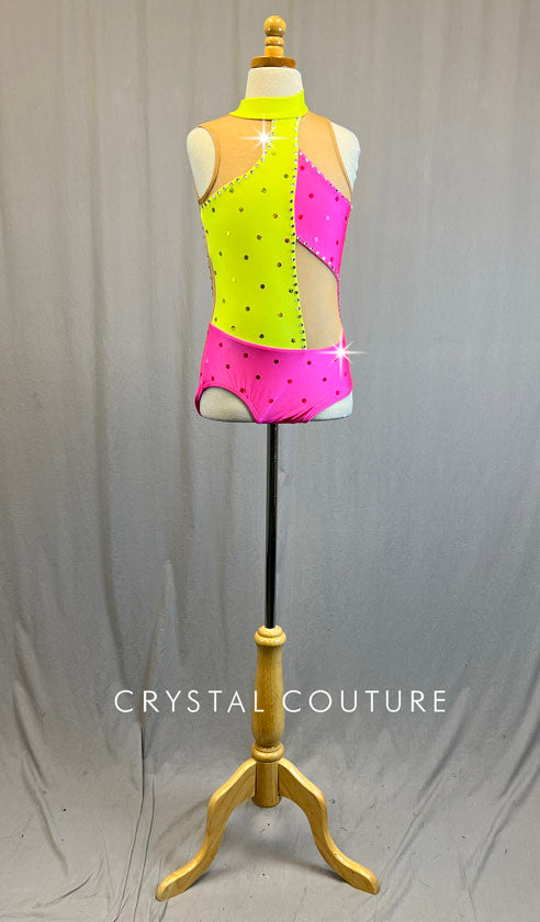 Neon Yellow & Hot Pink Asymmetrical Mock Neck Cutout Leotard with Nude Mesh - Rhinestones
