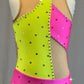 Neon Yellow & Hot Pink Asymmetrical Mock Neck Cutout Leotard with Nude Mesh - Rhinestones