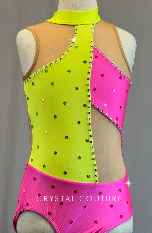 Neon Yellow & Hot Pink Asymmetrical Mock Neck Cutout Leotard with Nude Mesh - Rhinestones