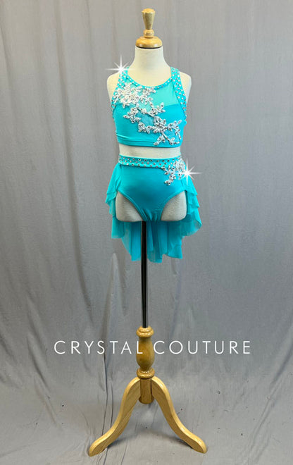 Aqua Blue Two Piece with White Appliques and Back Skirt - Rhinestones