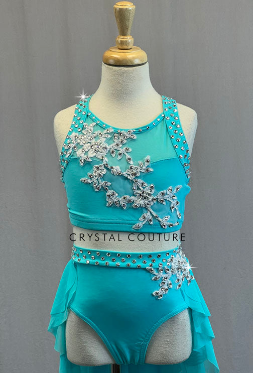 Aqua Blue Two Piece with White Appliques and Back Skirt - Rhinestones