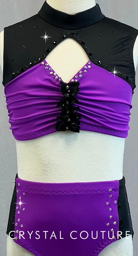 Custom Electric Purple & Black Crop Top Two Piece - Rhinestones