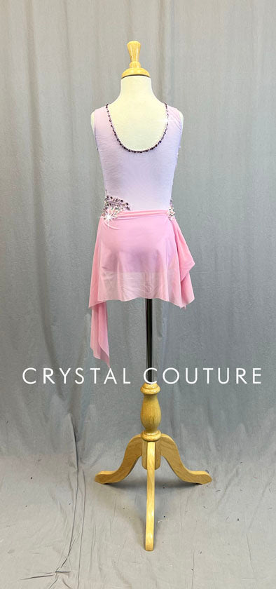 Custom Lilac Leotard with Light Pink Mesh Asymmetrical Skirt - Rhinestones & Appliques