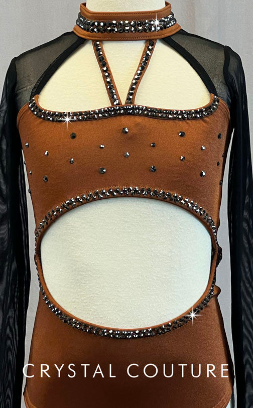 Custom Brown & Black Long Sleeve Leotard - Rhinestones