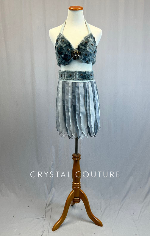 Custom Distressed Denim Two Piece with Grey Layered Skirt