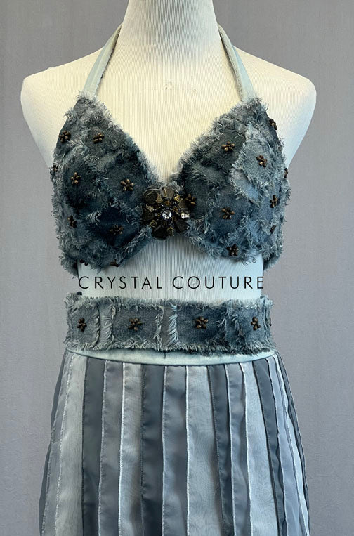 Custom Distressed Denim Two Piece with Grey Layered Skirt