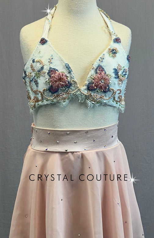 Custom Beaded and Embroidered Bra Top with Light Pink Chiffon
