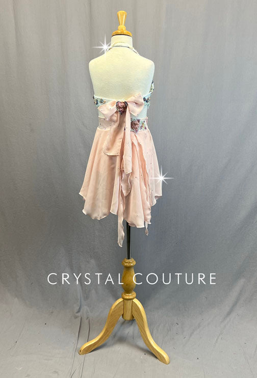 Custom Beaded and Embroidered Bra Top with Light Pink Chiffon Skirt - Rhinestones