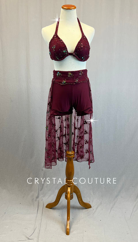 Custom Maroon Two Piece with Long Beaded Back Skirt - Rhinestones