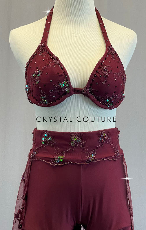 Custom Maroon Two Piece with Long Beaded Back Skirt - Rhinestones