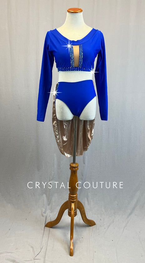 Custom Royal Blue Long Sleeve Top and Trunks with Bronze Back Skirt - Rhinestones