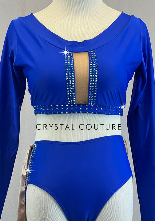 Custom Royal Blue Long Sleeve Top and Trunks with Bronze Back Skirt - Rhinestones