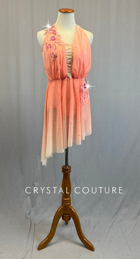 Peach Ombre Dress with Asymmetrical Hem and Appliques - Rhinestones