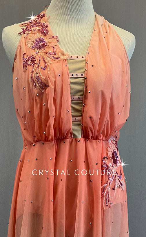 Peach Ombre Dress with Asymmetrical Hem and Appliques - Rhinestones