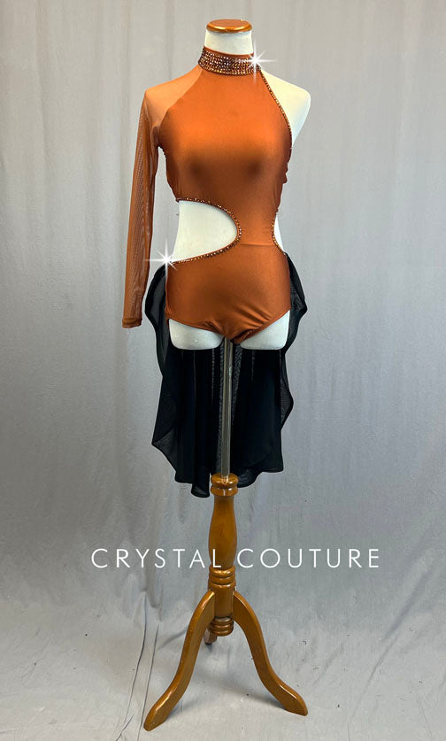 Custom Copper Asymmetrical Cutout Leotard with Black Back Skirt - Rhinestones