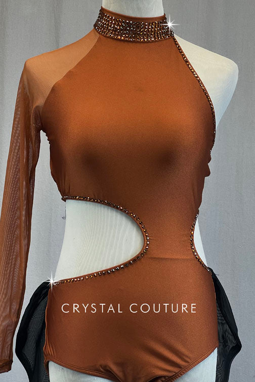 Custom Copper Asymmetrical Cutout Leotard with Black Back Skirt - Rhinestones