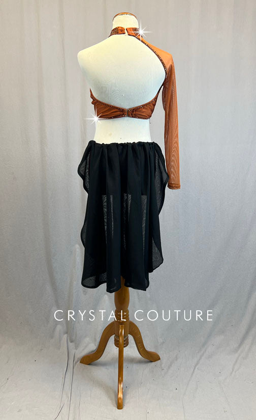 Custom Copper Asymmetrical Cutout Leotard with Black Back Skirt - Rhinestones