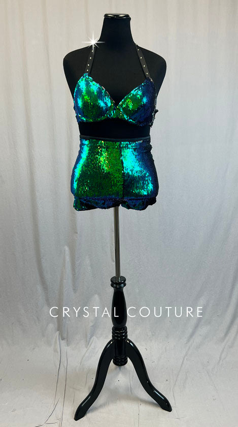 Custom Blue & Green Sequin Two Piece with Strappy Back - Rhinestones