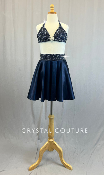 Custom Navy Blue Bra Top with Pearls and Silky Circle Skirt