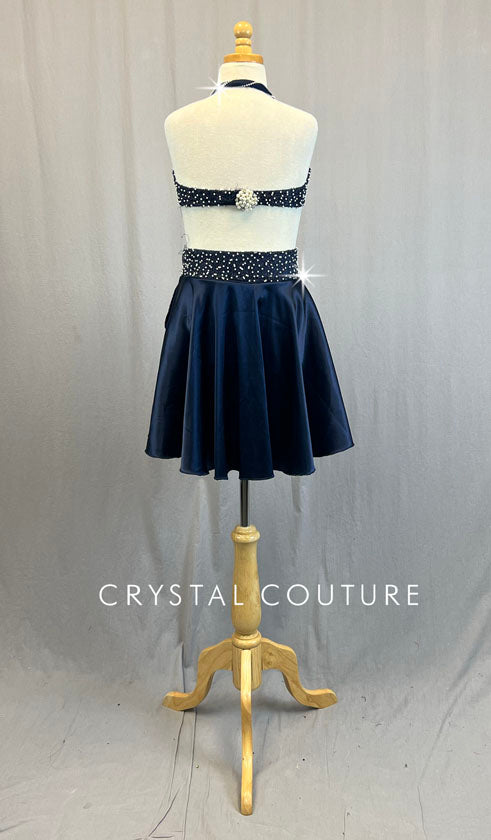 Custom Navy Blue Bra Top with Pearls and Silky Circle Skirt