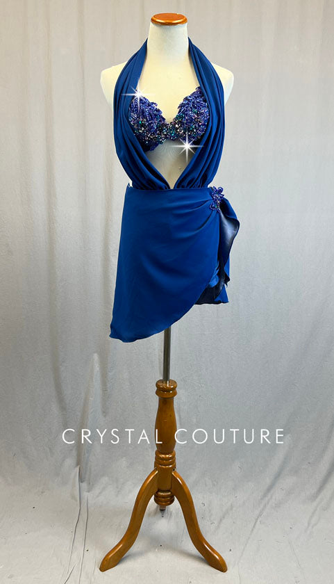 Custom Blue Appliqued Bra Top with Wrap Skirt and Halter