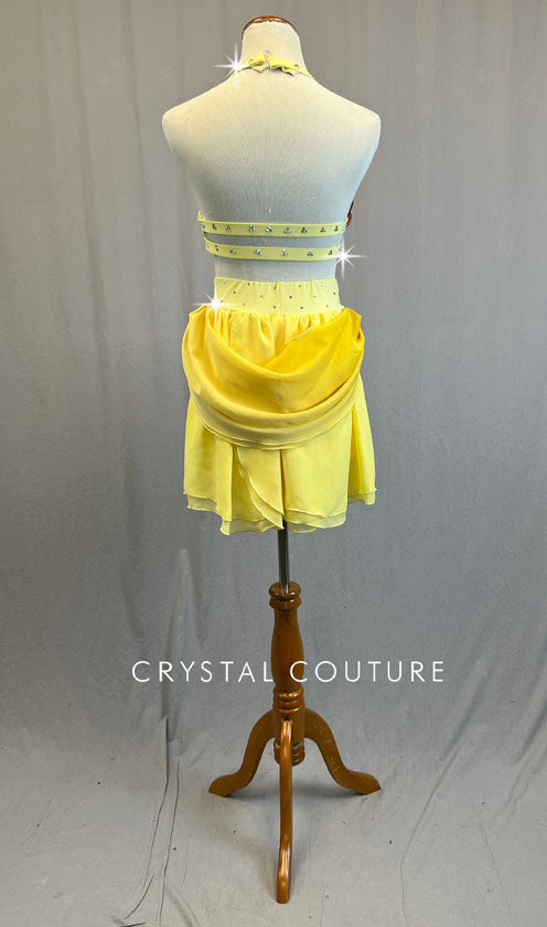 Custom Yellow Two Piece with Floral Appliques and Back Skirt - Rhinestones